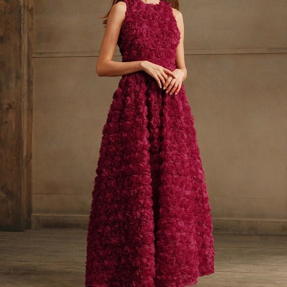 Red Elegant Women's Rose Floral Embellished Sleeveless Woven Formal Dress - Picture 5 of 6